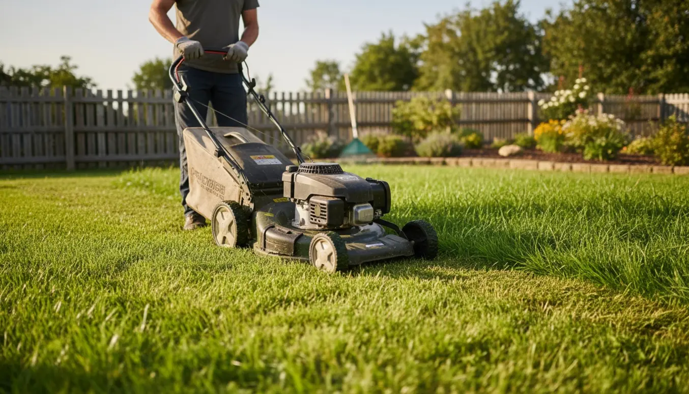 Person slår ret højt græs på en let kuperet plæne med en plæneklipper, hvor en tydelig nyslået stribe ses.