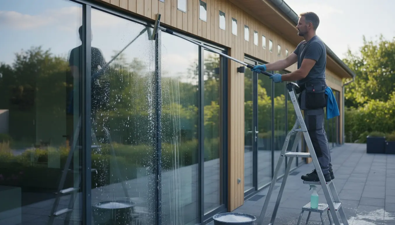 Vinduespudser rengør række enkeltrude-vinduer og døre, inkl. små 30x30 cm ruder.