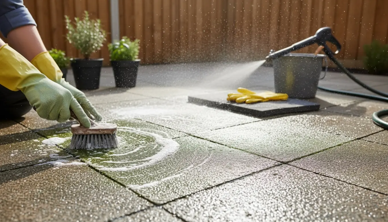 Hænder i handsker skrubber alger af fliser på en lille havepatio, så rene sten står i kontrast til grønne alger.