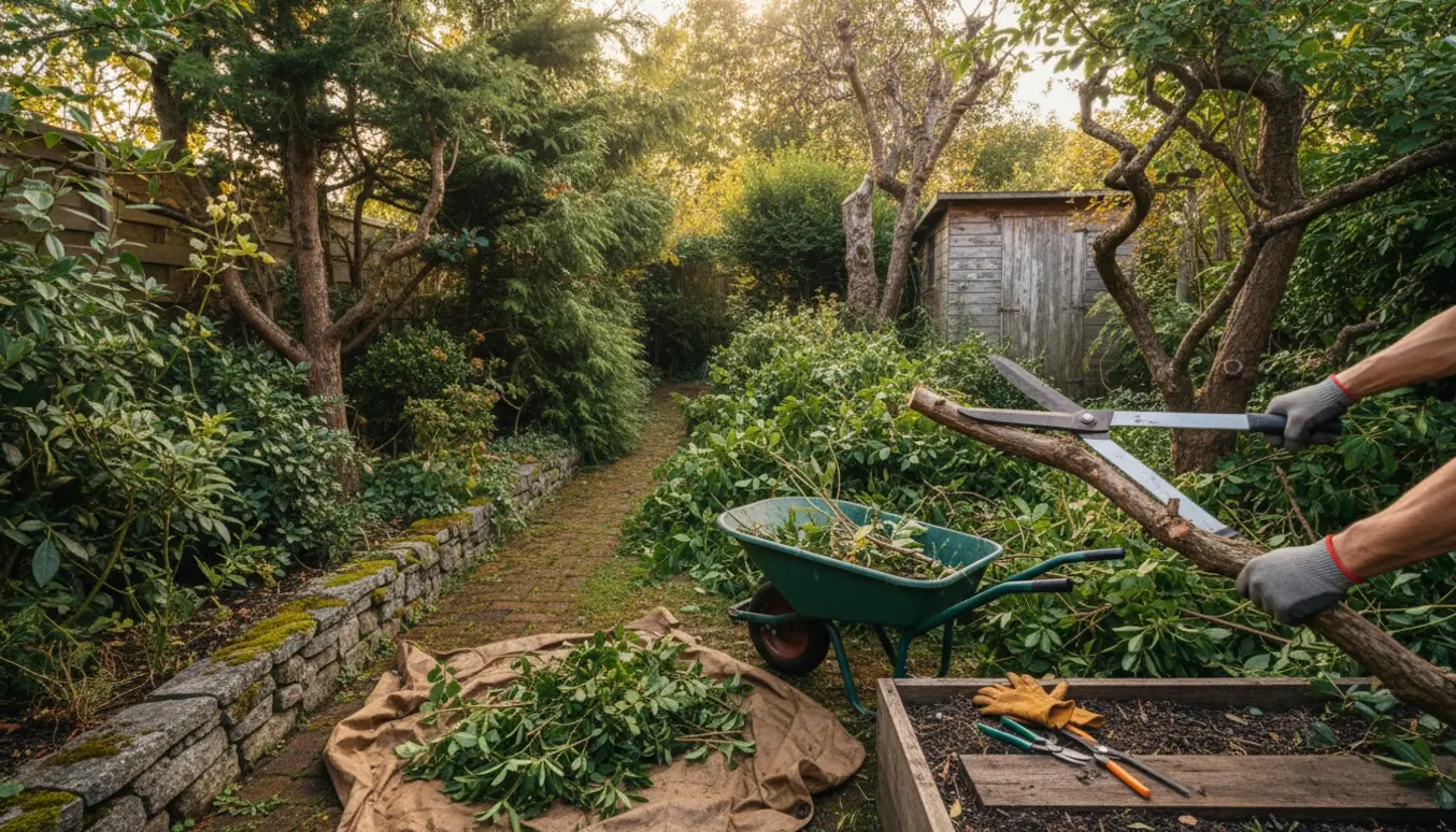 En overgroet 70'er-have hvor hænder beskærer buske med trillebør og bunker af afskårne grene.