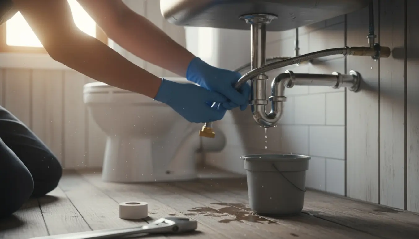 Hænder forbinder rør under en køkkenvask i et solbelyst kolonihavehus, med toilet i baggrunden.