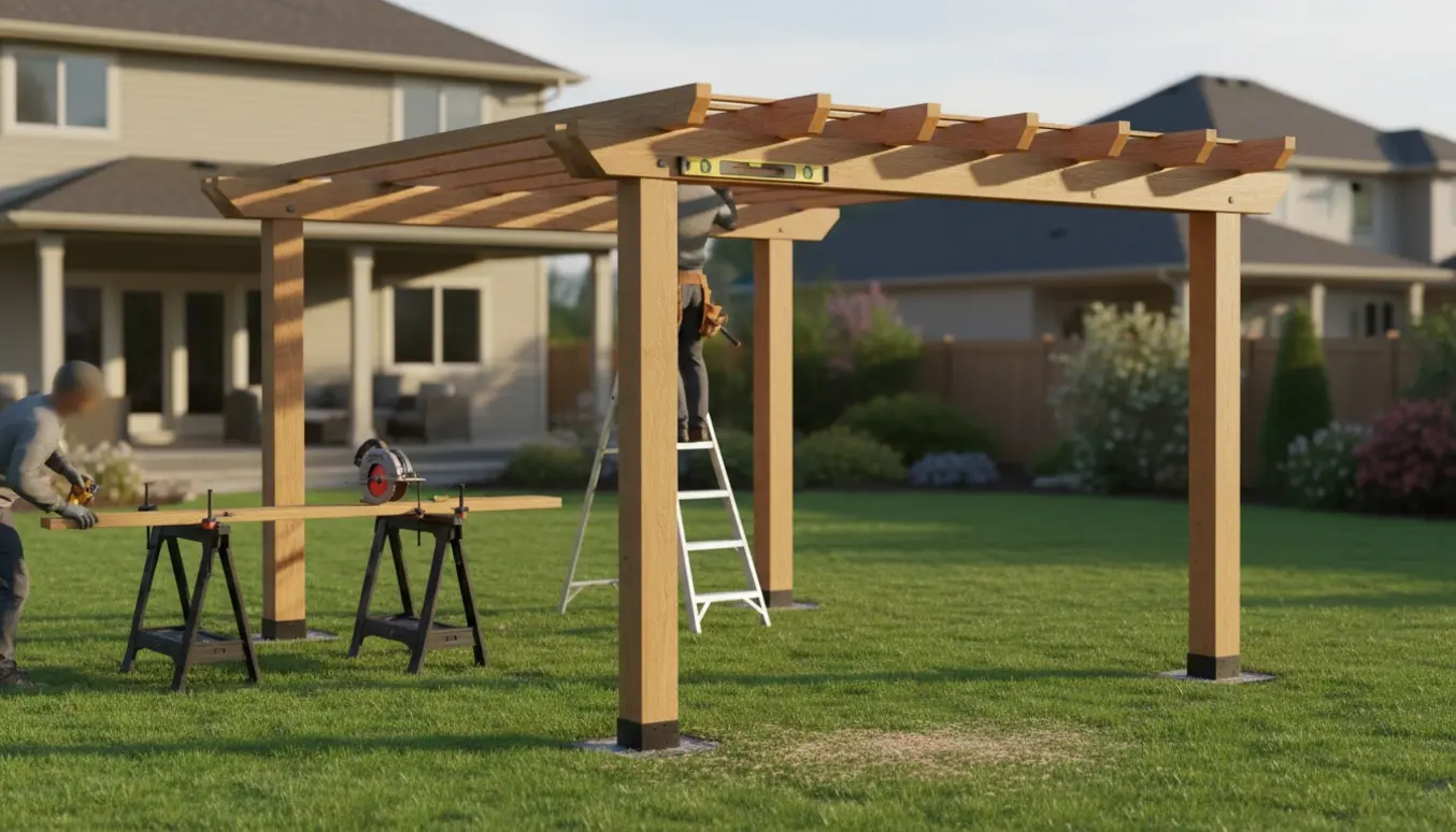 Delvist færdig pergola på 3x4 m på en grøn græsplæne med træbjælker og værktøj.
