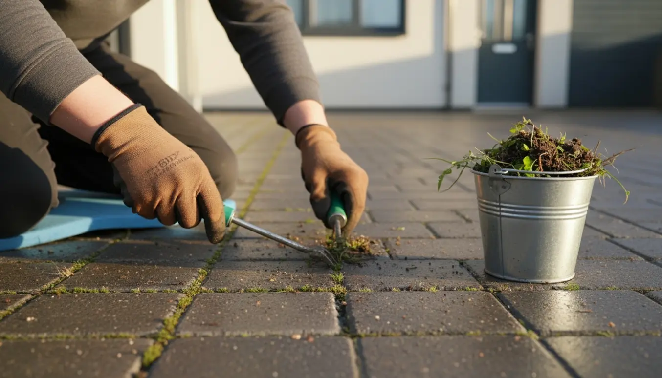 Nærbillede af hænder, der luger ukrudt mellem fliser langs indkørsel og ved husets kant.