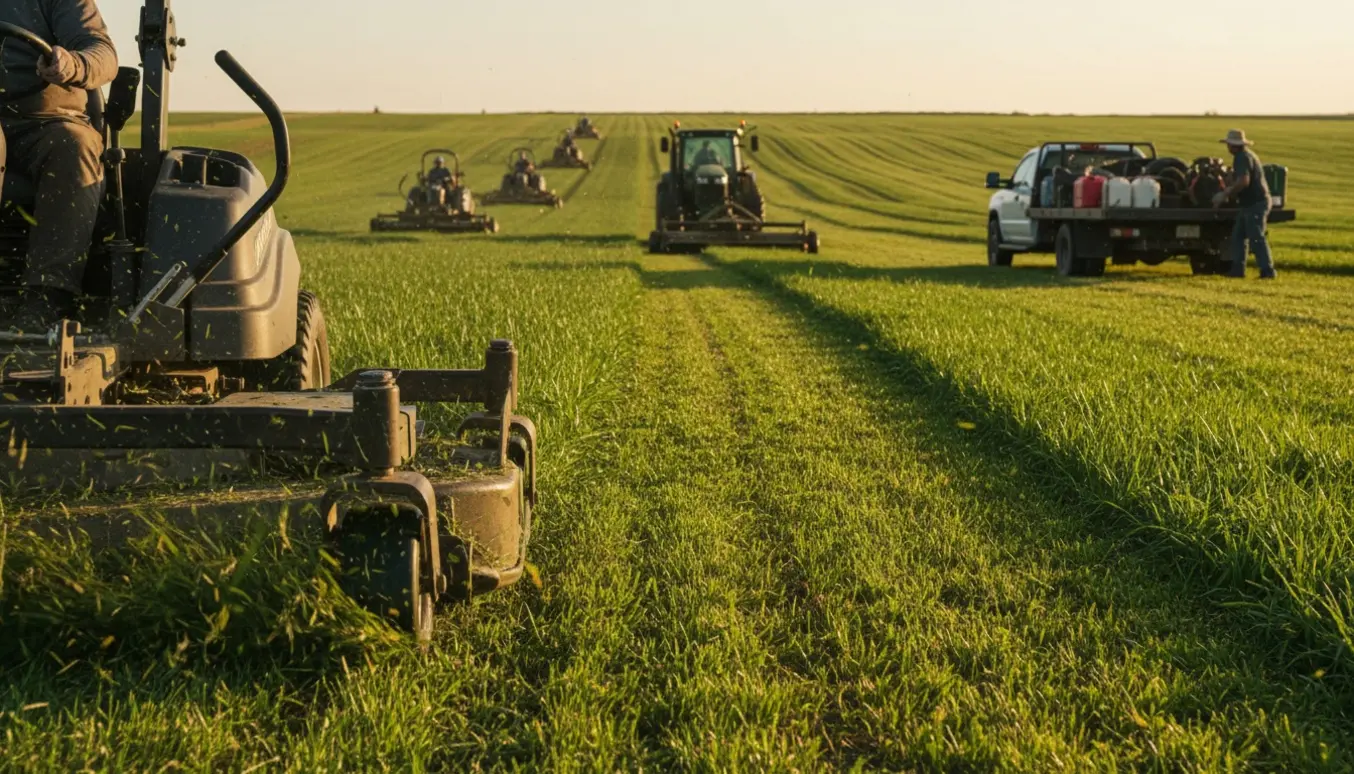 Stor skala græsslåning med industrimaskiner, der laver lange striber i et kæmpestort græsareal.