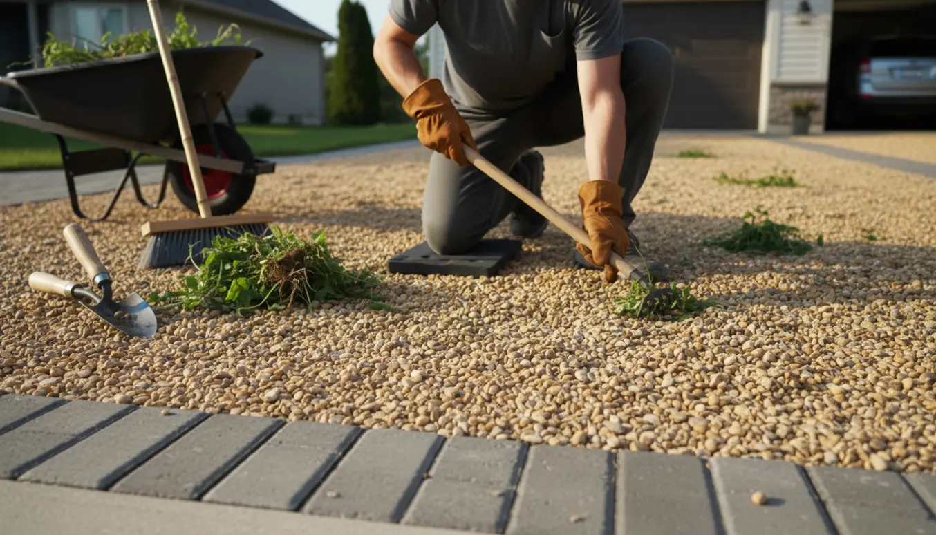 Indkørsel med perlesten, hvor en person fjerner ukrudt langs en stensætning.
