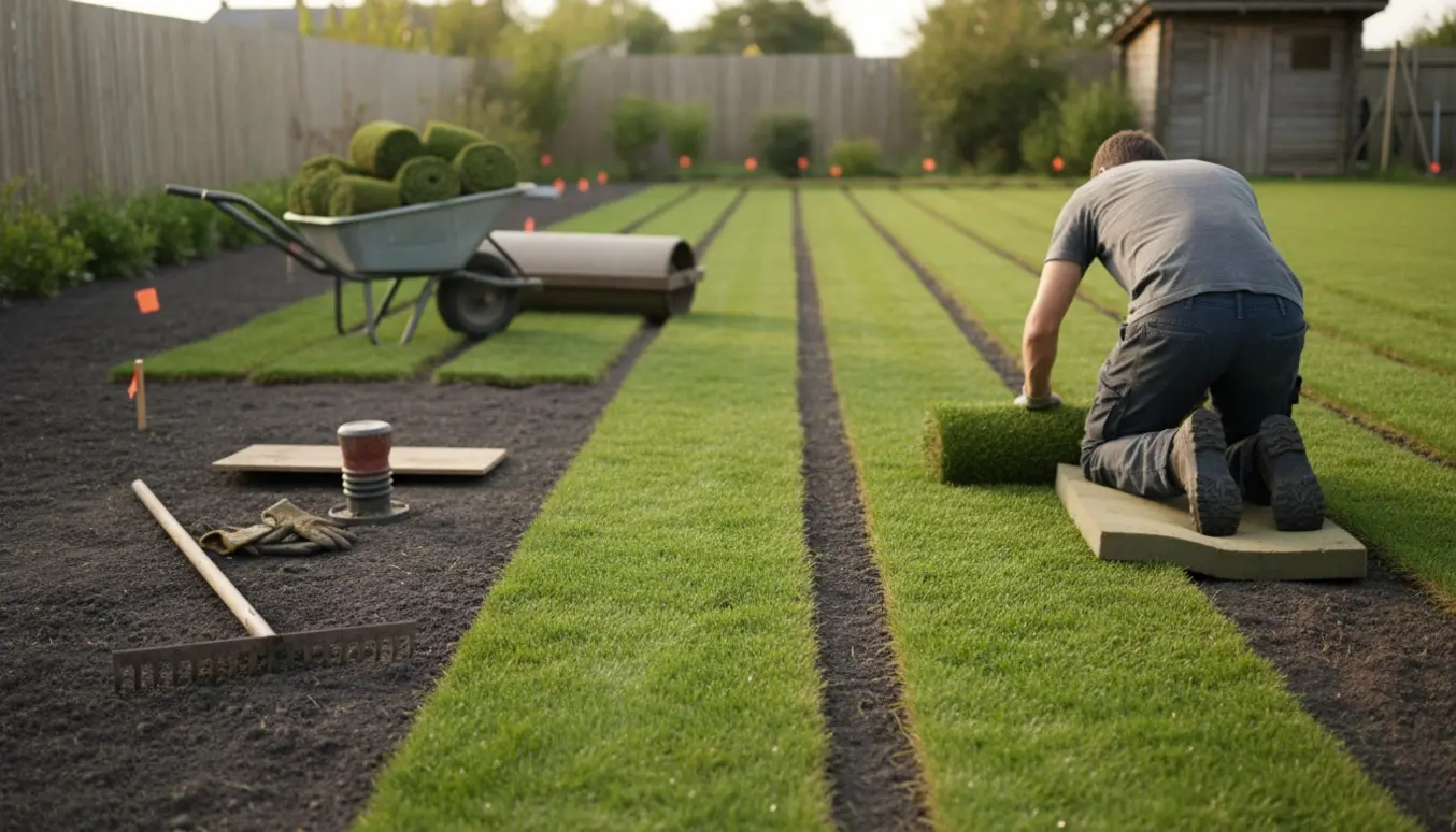 Nyudjævnet baghave med rullegræs, haveredskaber og en person uden synligt ansigt, der ruller plænen ud.