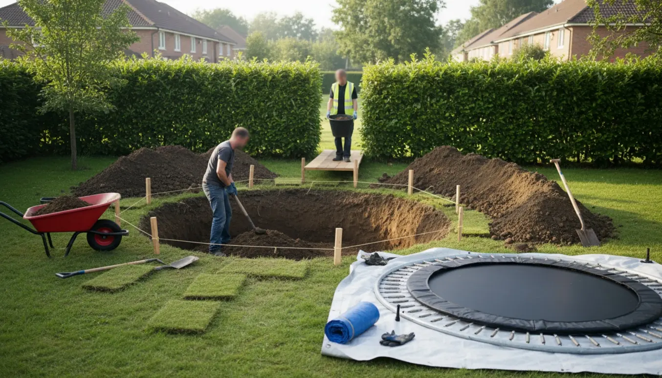 Havearbejdere graver ud til en nedgravet trampolin og flytter jord over hækken.