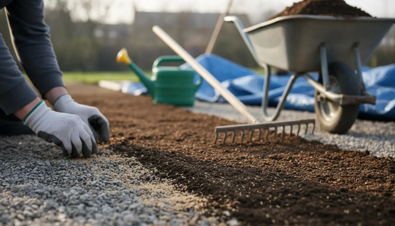 Hænder sår græsfrø i en have med jord og grus, klar til at anlægge plæne.