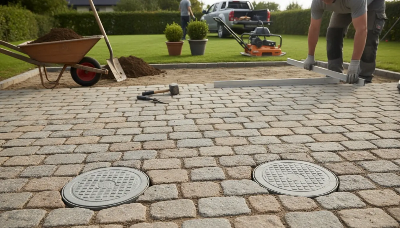 Delvist færdig terrasseudvidelse med herregårdssten, to dæksler og trillebør med fjernet jord.