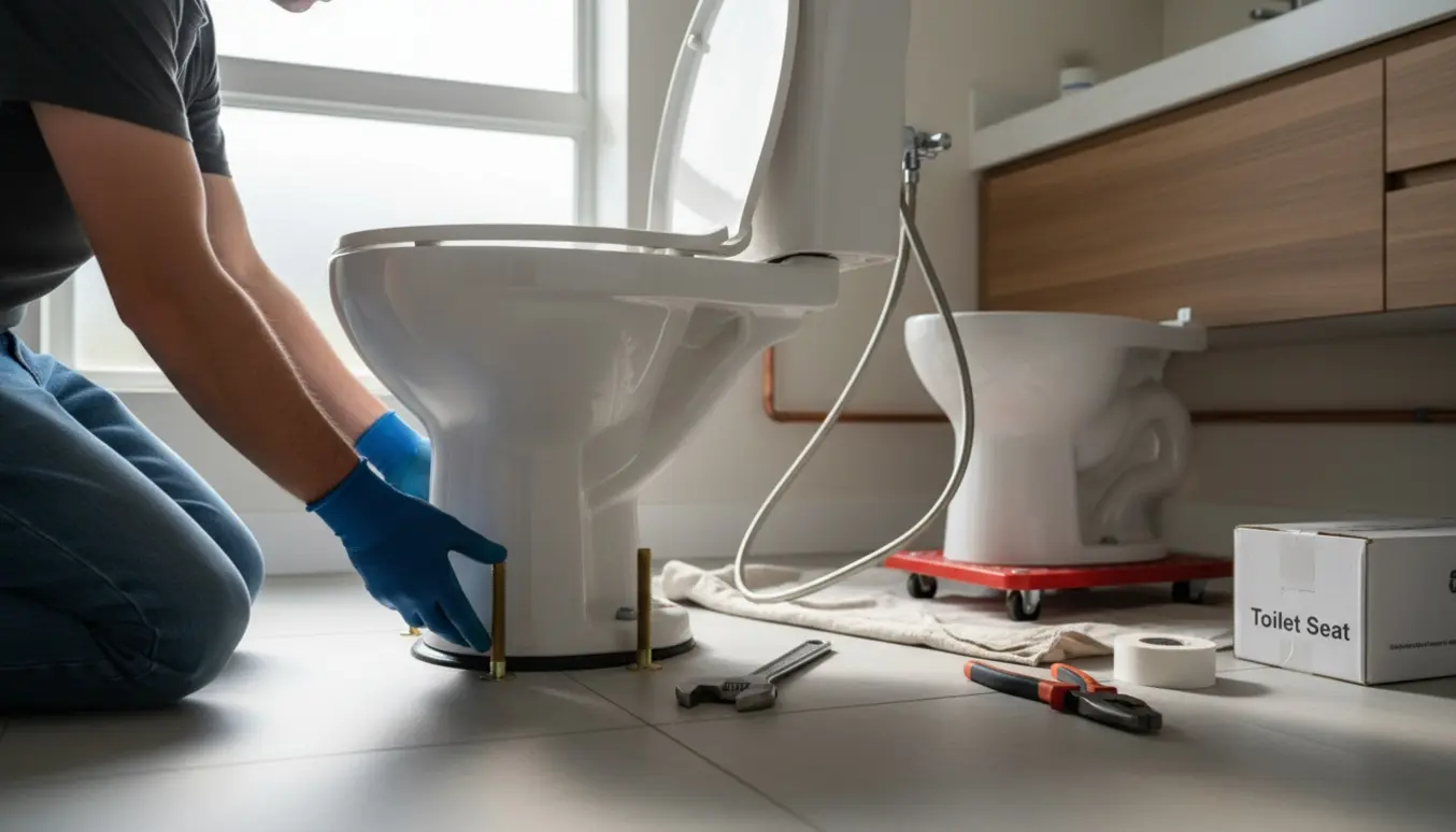 En VVS'er med ansigtet afvendt monterer et nyt toilet i et lyst, moderne badeværelse.