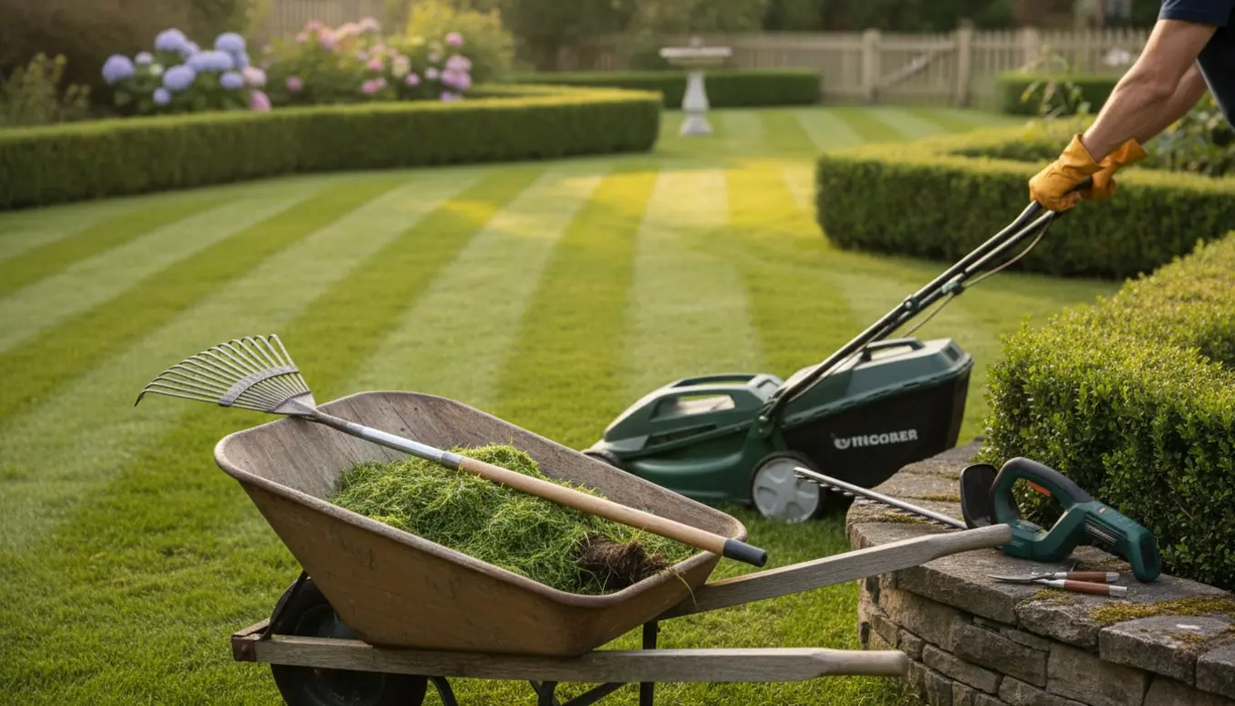 Nyslået græsplæne med plæneklipper, rive, handsker og hæktrimmer i en velplejet have.