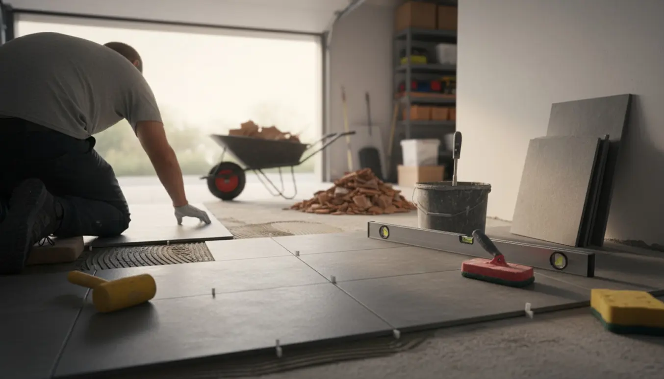 Håndværker lægger nye 40x40 fliser i en garage med værktøj og bunker af gamle fliser i baggrunden.
