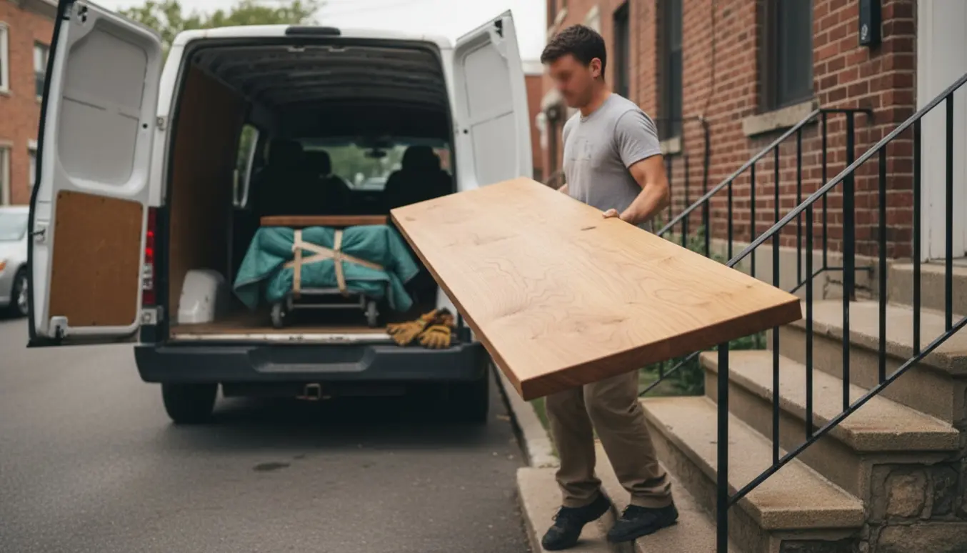 To hjælpere bærer en massiv træbordplade op ad trappen fra en varevogn, med flyttetæpper og en håndtruck ved siden af.