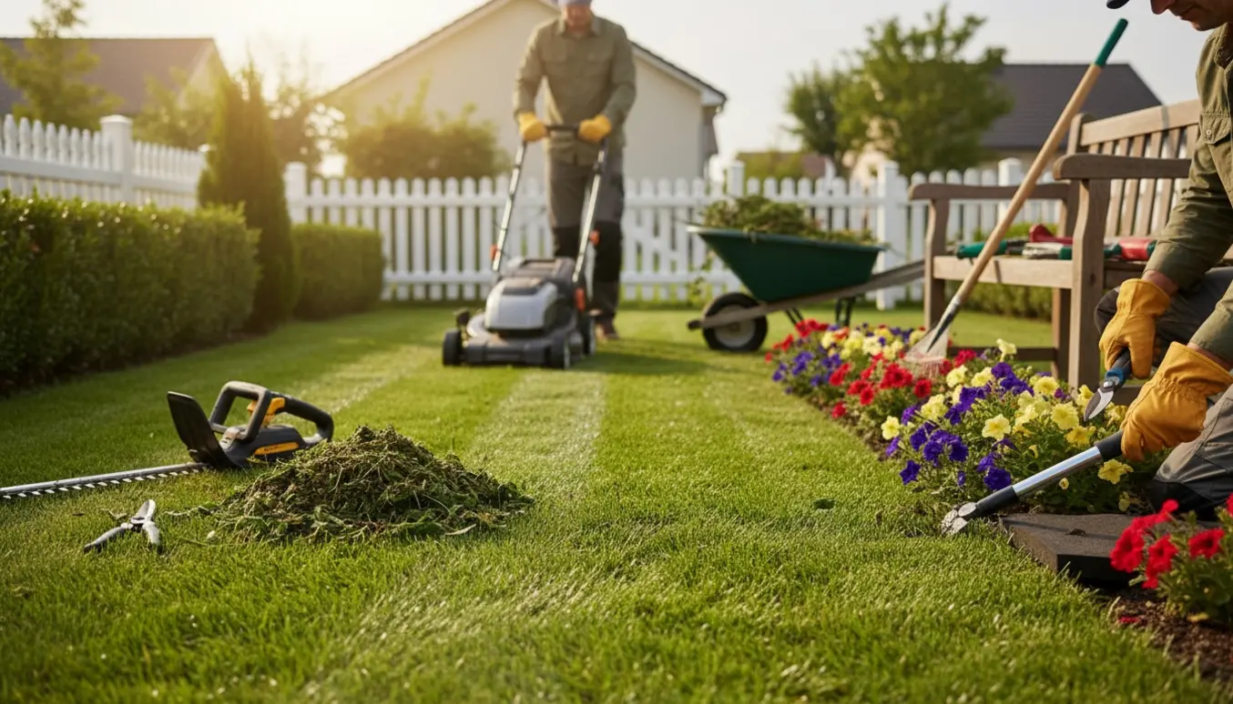 Havemand set bagfra slår græs med nyklippet hæk og bunke fjernet ukrudt i haven.