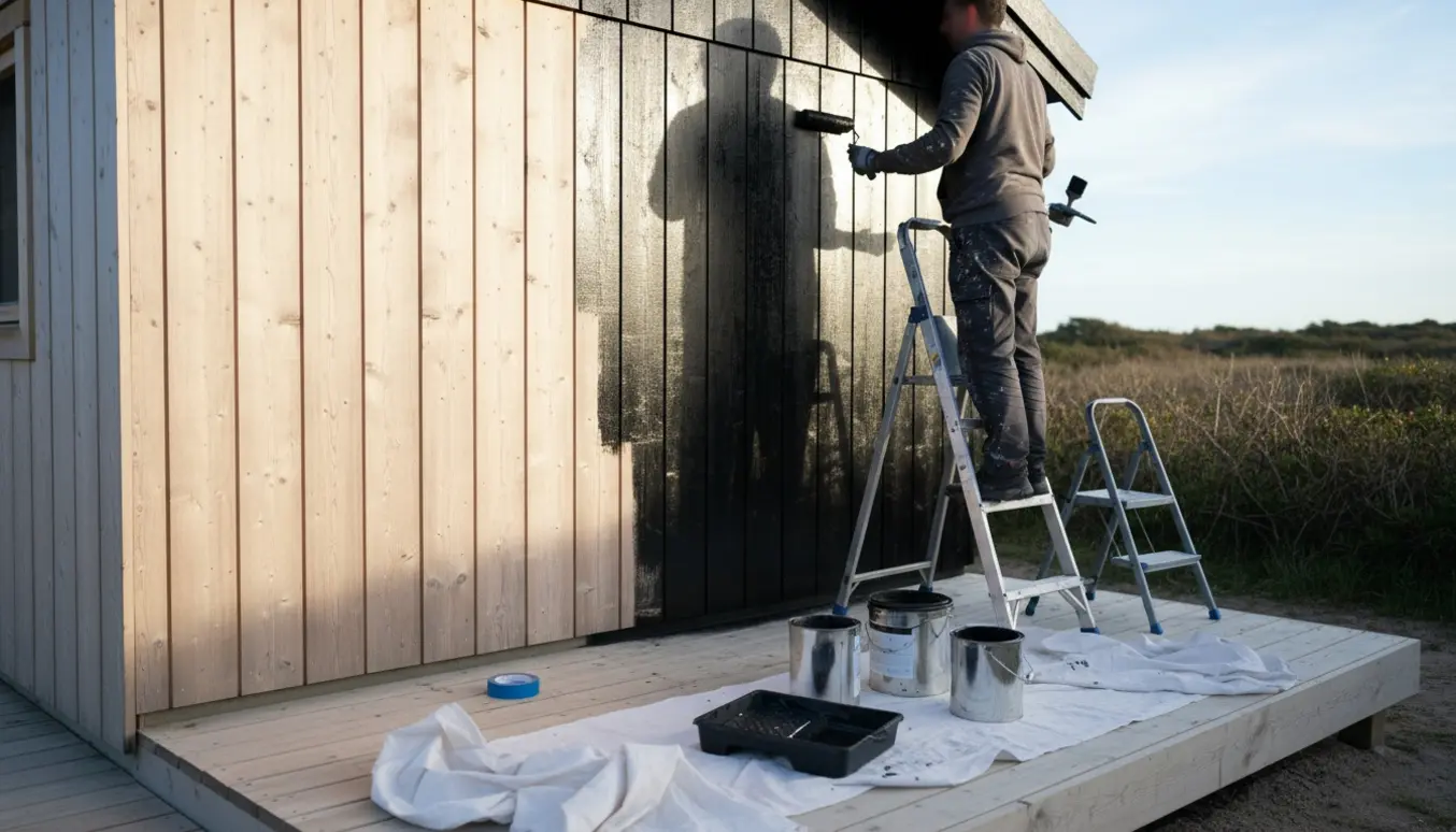 En person maler sommerhusets ydre træfacade sort med rulle og pensel.