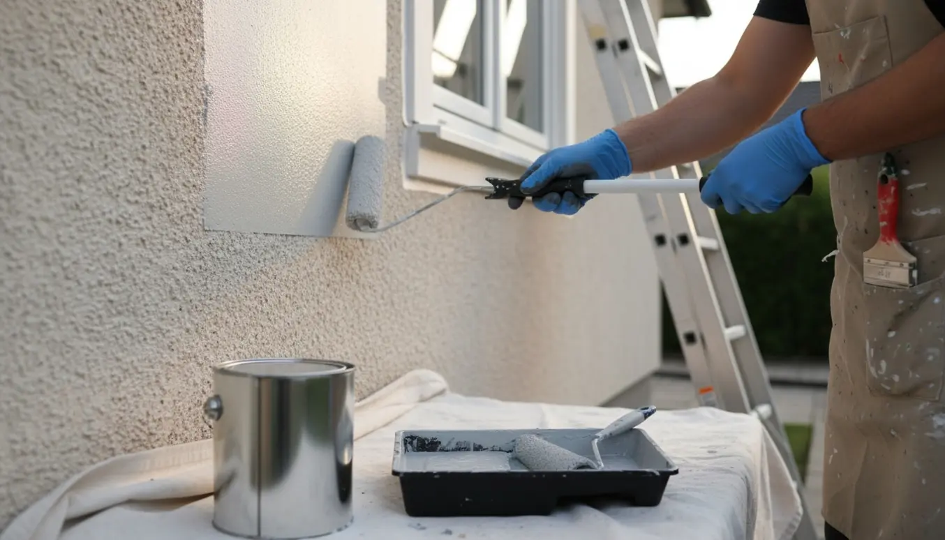 Nærbillede af udvendig maling af pudset væg med rulle, maling og stige.