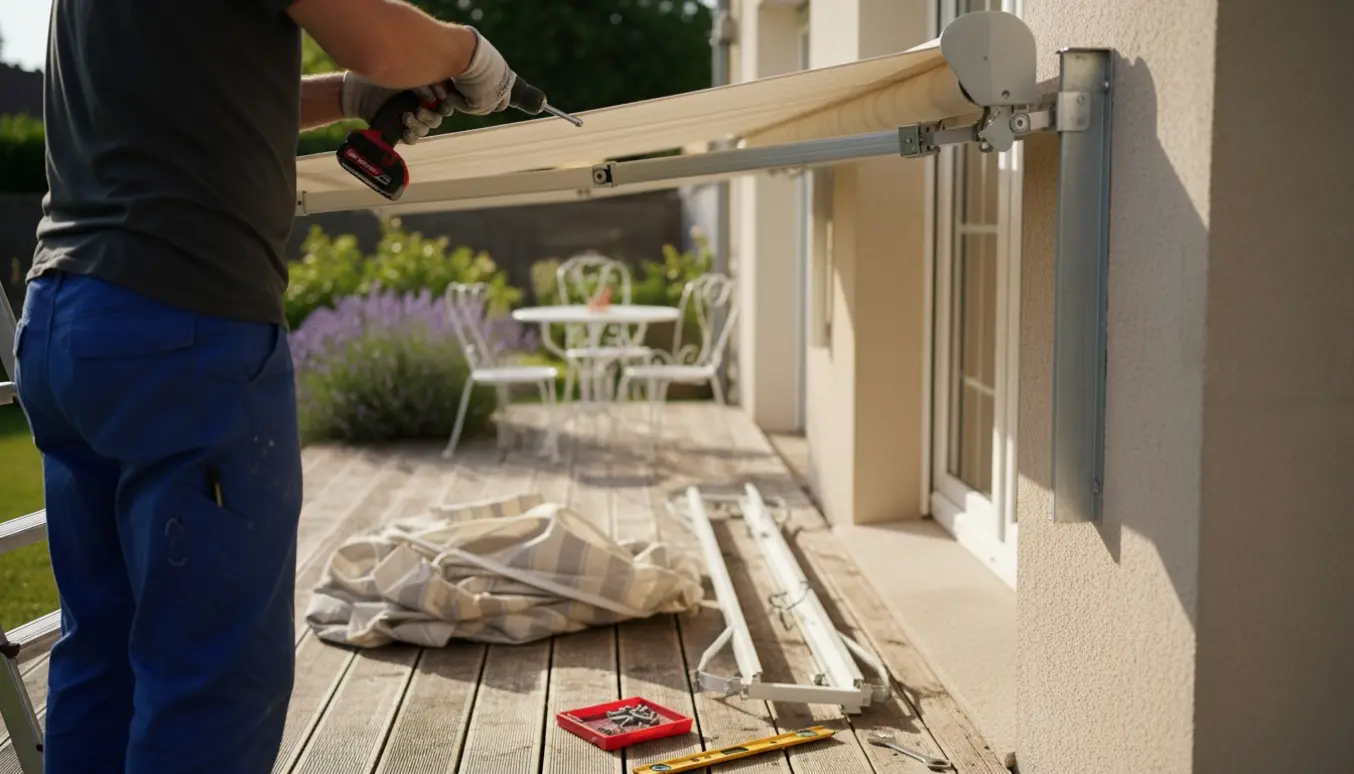 Montering af en ny markise over en terrasse med værktøj og den gamle markise samlet ved siden af.