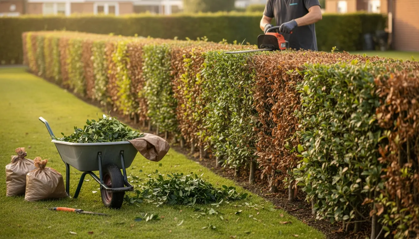 En person trimmer en liguster- og bøgehæk med elektrisk hækkeklipper, afklip i trillebør og poser klar til bortskaffelse.