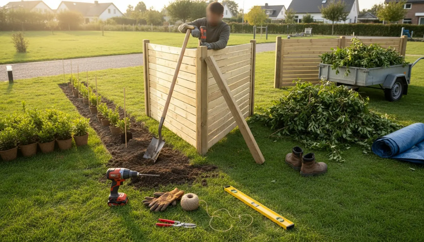 Hjørnegrund med midlertidigt lamelhegn under opsætning, fjernet hæk og værktøj ved en bunke haveaffald.