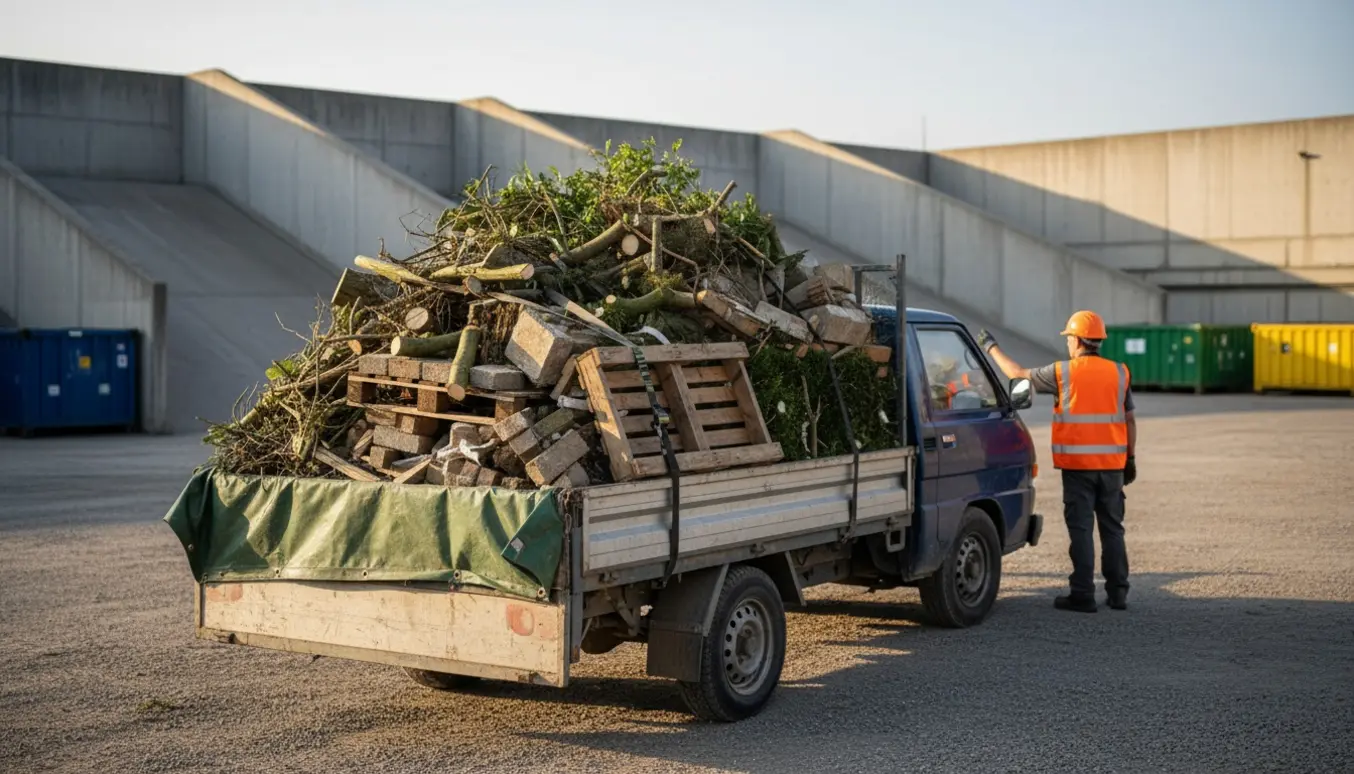 Trailer og bil lastet med grene, paller og byggeaffald klar til aflevering ved genbrugspladsen.