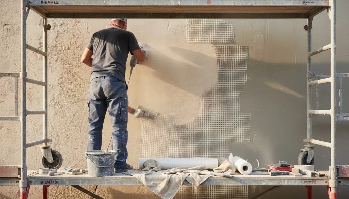 Rullestillads foran en facade hvor grov struktur slibes væk og armeringsnet indarbejdes i frisk puds.