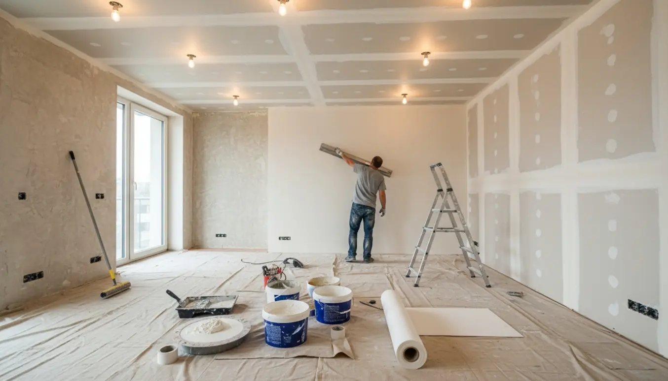Rum under fuldspartling med nymonteret gipsloft med spots, værktøj og en håndværker uden synligt ansigt.