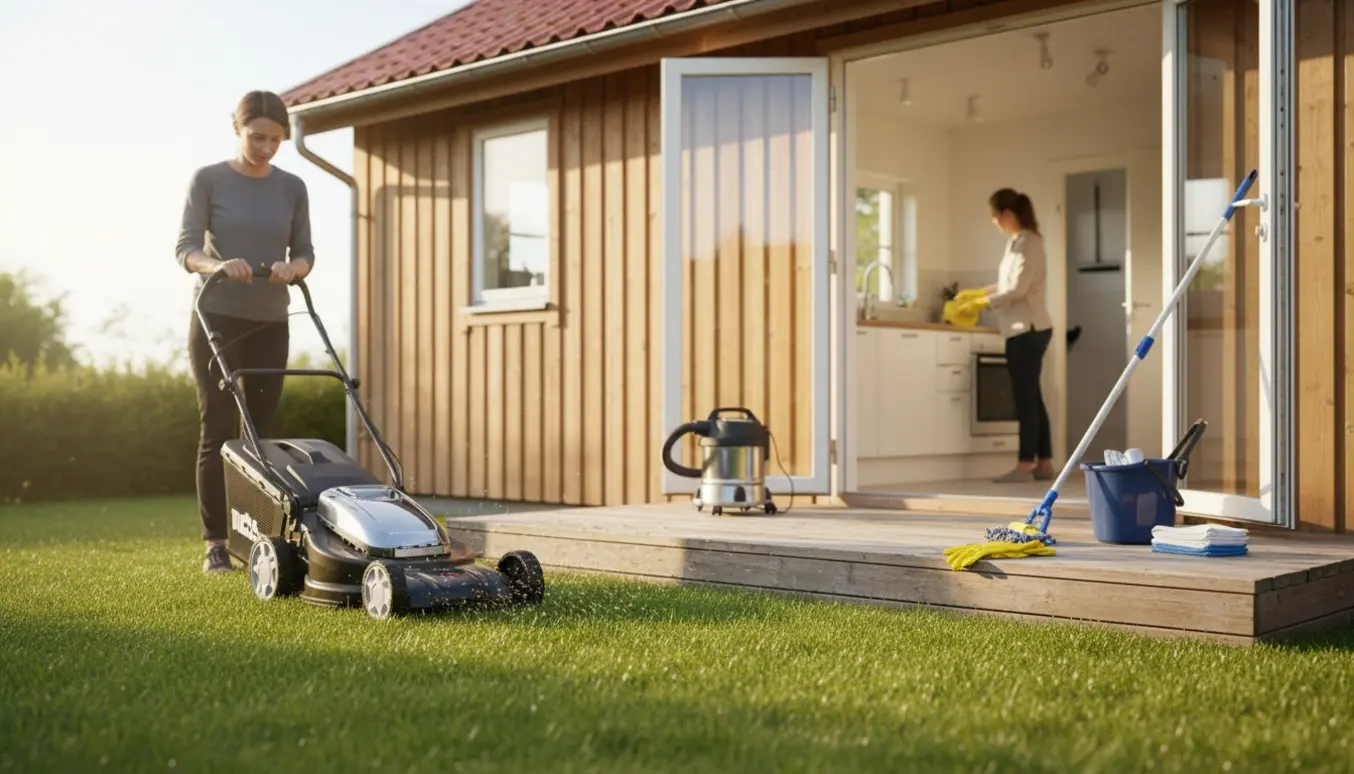Sommerhus med en person, der slår græsset, og synligt rengøringsudstyr ved en åben dør til et lyst køkken.