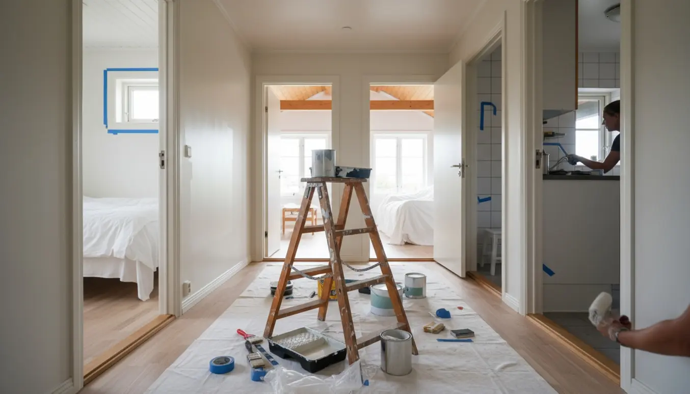 Indvendig maling af sommerhus med stige, malerbøtter og halvmalede vægge i lyse farver.