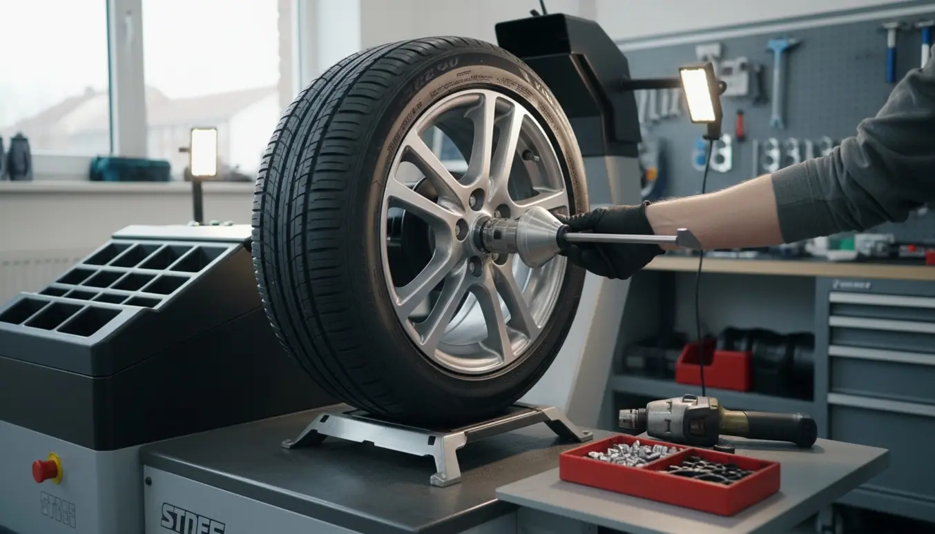 Nærbillede af et Peugeot 208-hjul på en afbalanceringsmaskine, hvor en mekaniker med handsker sætter vægte på.