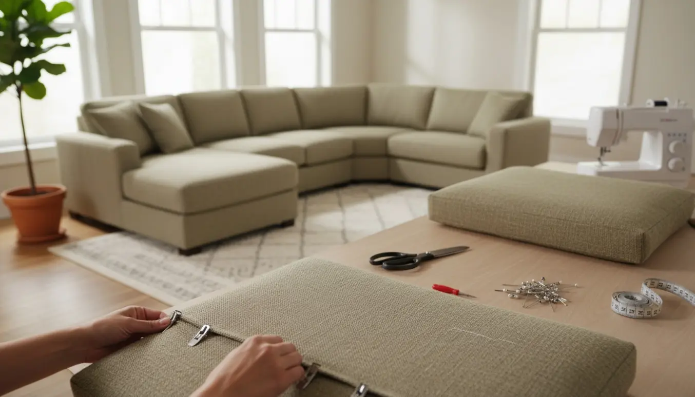 Modulsofa under ombetrækning i slidstærkt kaki-beige stof med værktøj og hænder i forgrunden.