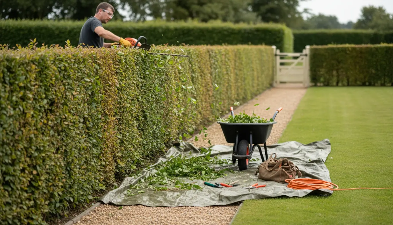 En havearbejder klipper en lang bøgehæk med motorhækkeklipper, afklip samles i en skubbevogn.