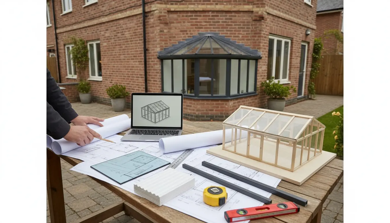 Tegninger, materialer og en laptop med 3D-model foran et hjørne-rækkehus, klar til byggetilladelse af en udestue.