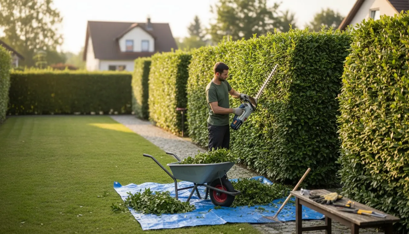 Privathave hvor en person uden synligt ansigt klipper en ligusterhæk på cirka 1,8 m med friskt afklip og værktøj i forgrunden.