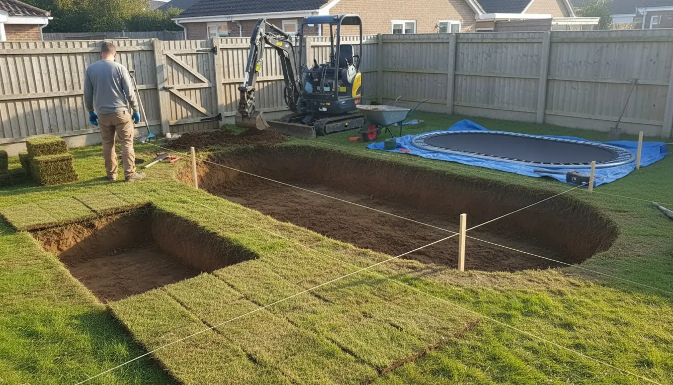 Havearbejde med mini-graver ved udgravning til en ny ovalt nedgravet trampolin, jord og trampolinramme klar til montering.