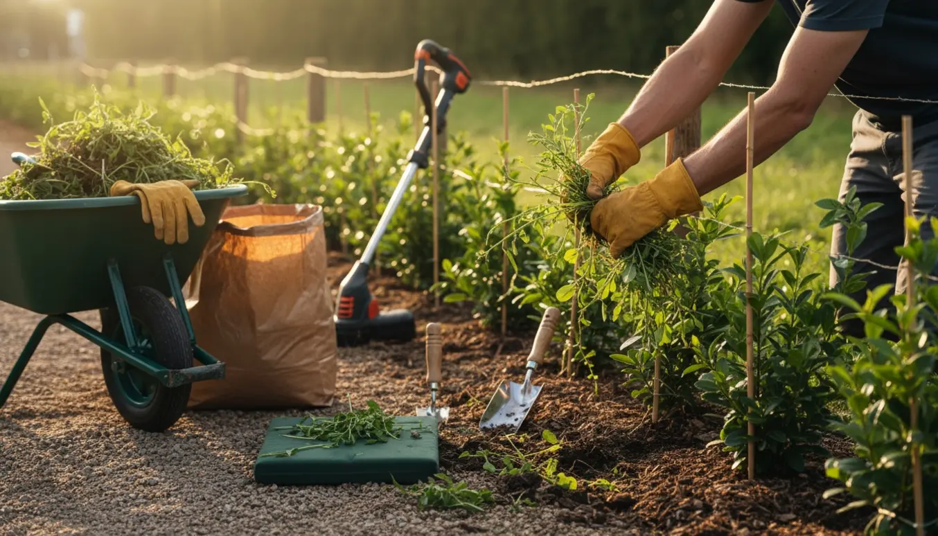 Hænder trækker 20–30 cm højt ukrudt op fra en nyplantet hæk med haveredskaber og trillebør ved siden af.