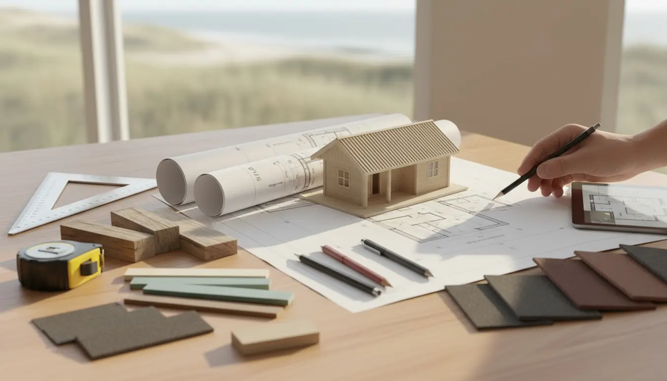 Arkitektbord med byggeplaner, en skala-model af et 38 m² anneks og materialprøver i blødt naturligt lys.