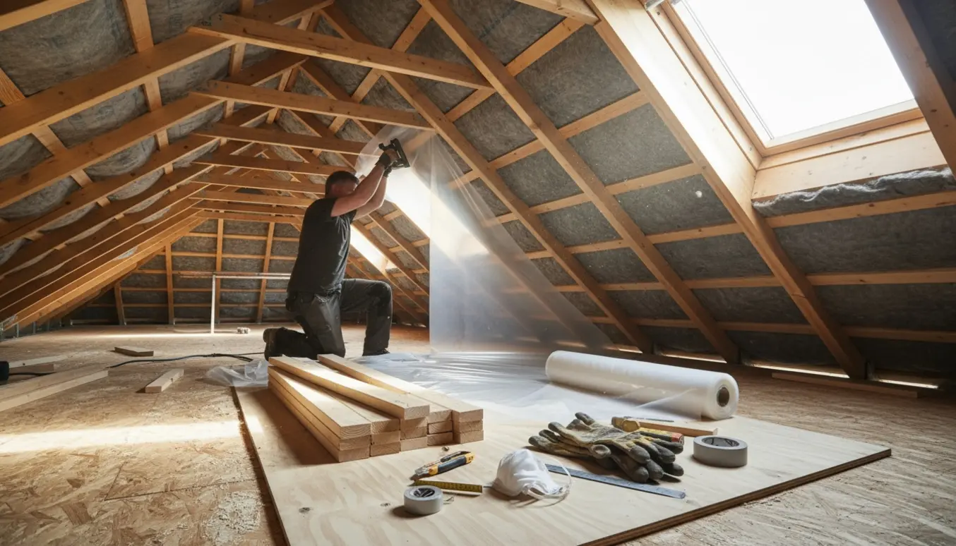 Indvendigt tagrum med tømmer, isoleringsbatts og dampspærre der monteres mellem spær.
