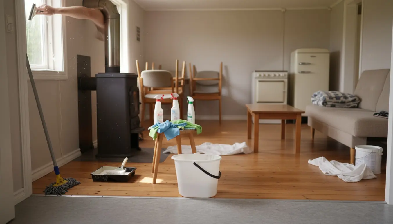 Indvendig rengøring og klargøring til maling i et lyst, let nedslidt sommerhus med trægulv og rengørings- og malerværktøj.