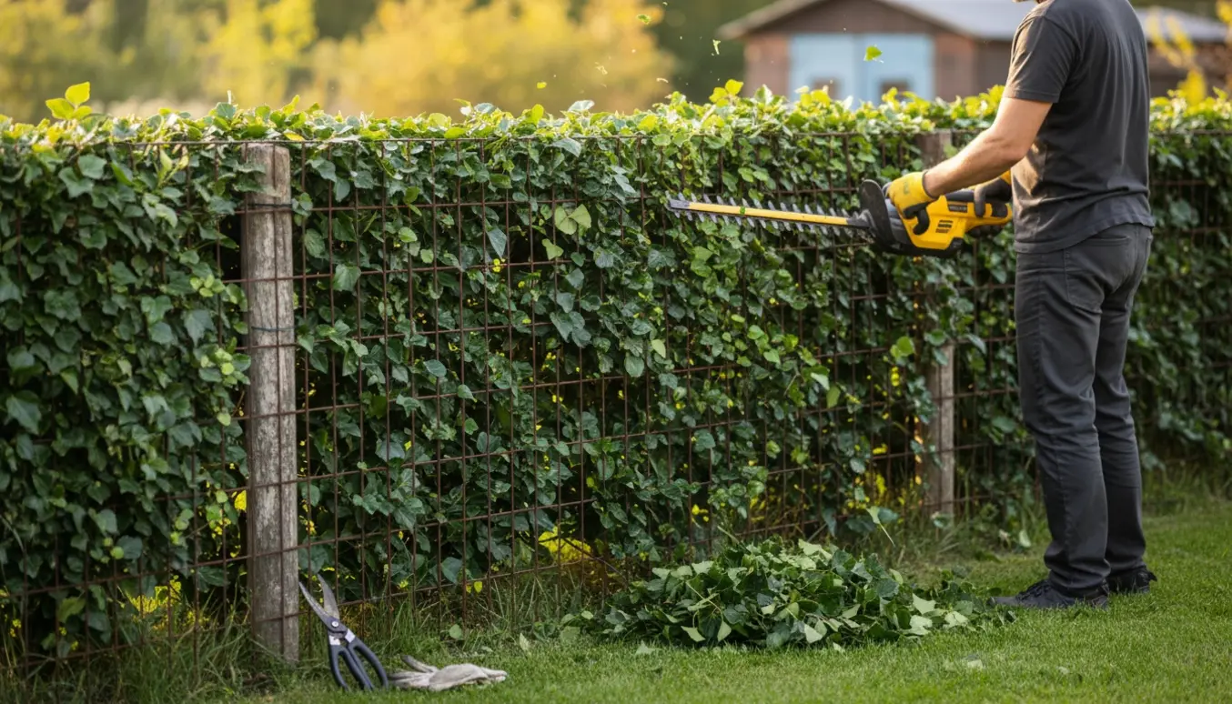 Person klipper efeuhæk langs rionet med hækkeklipper set bagfra på en solskinsdag.