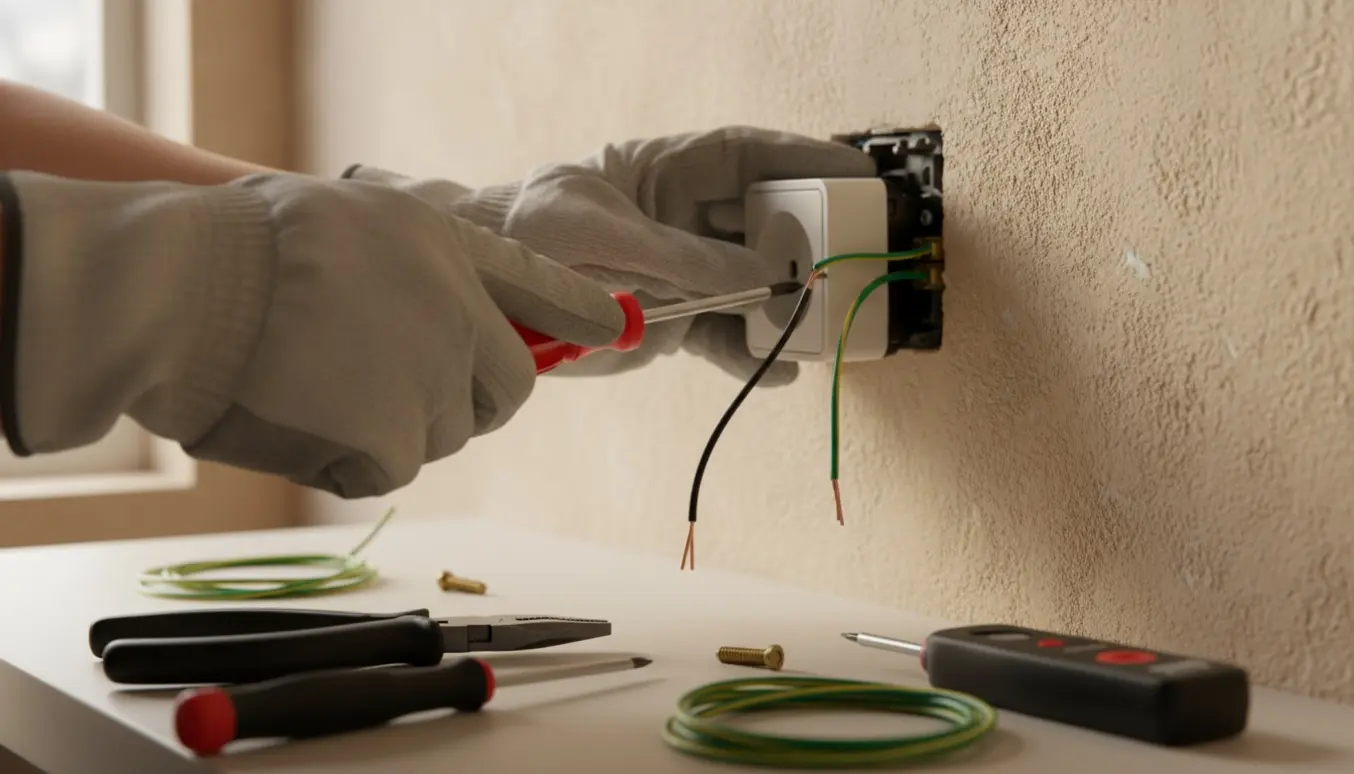 Nærbillede af hænder, der udskifter en stikkontakt og forbinder en jordledning med værktøj.