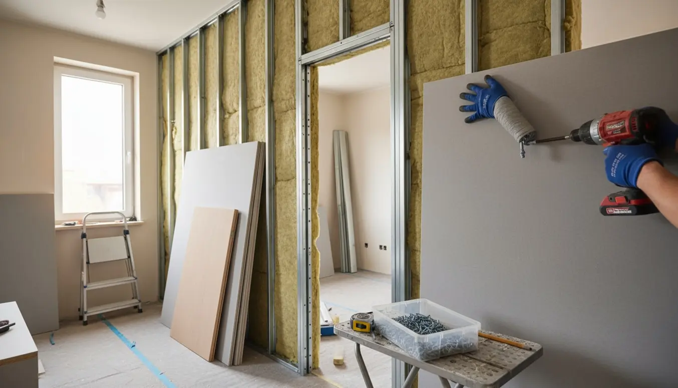 Skillevæg under opbygning med metalskelet og Fermacell-plader, håndværkerens hænder justerer en plade.