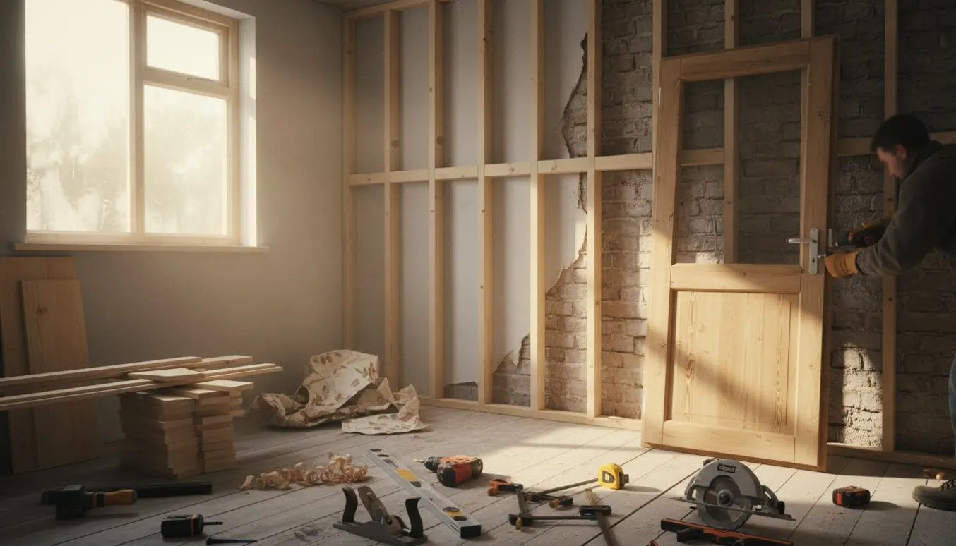 Indvendigt kolonihavehus under tømrerarbejde med ny trævæg, værktøj og en ny dør klar til montering.