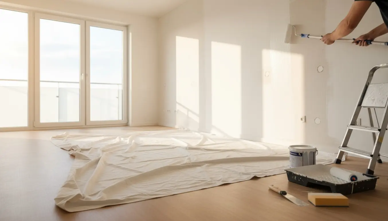 Tom, solbeskinnet lejlighed under maling med rulle, malerbøtte og spartlede huller.