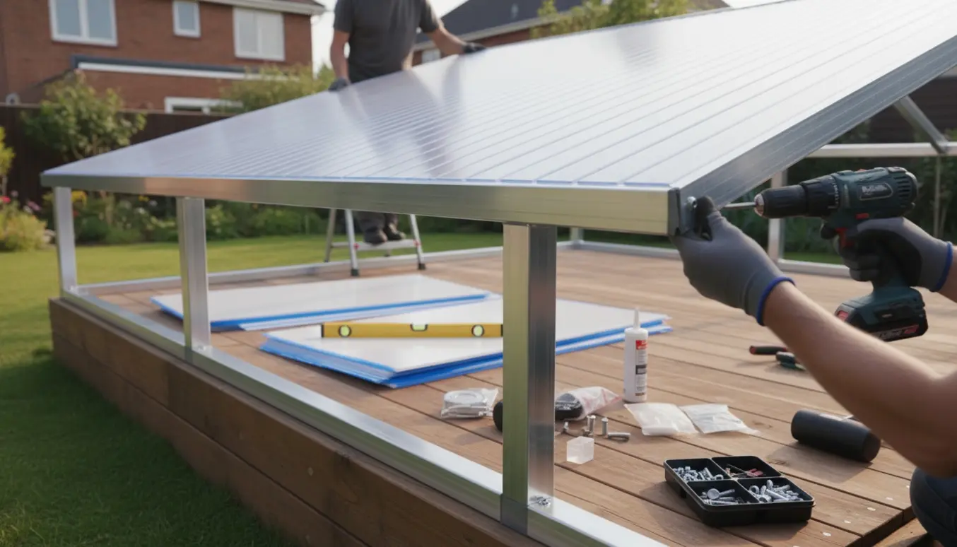 Montering af polycarbonat skur på en eksisterende træsokkel med metalstel og værktøj i en have.