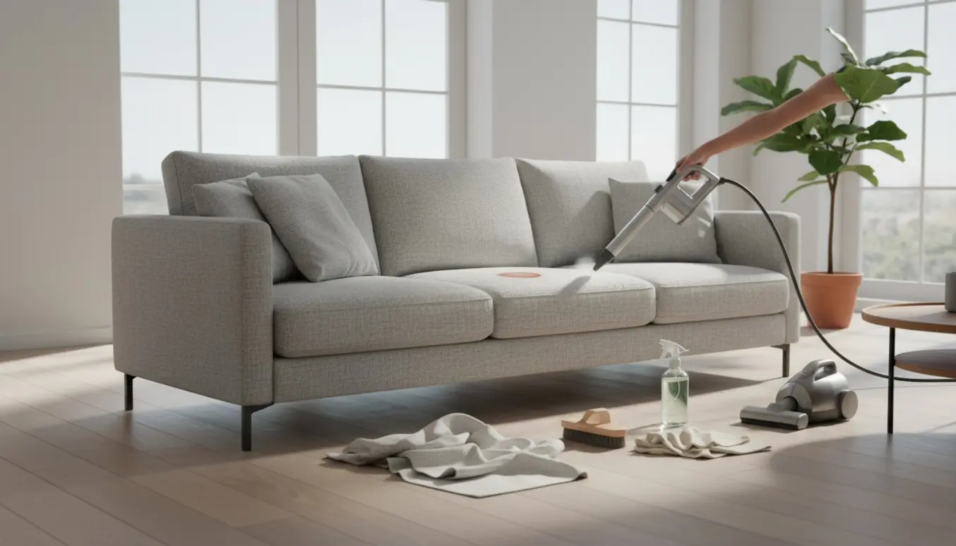 Lysgrå Bolia 5-personers sofa med puder på gulvet og hænder, der damprenser en plet i et lyst stuerum.