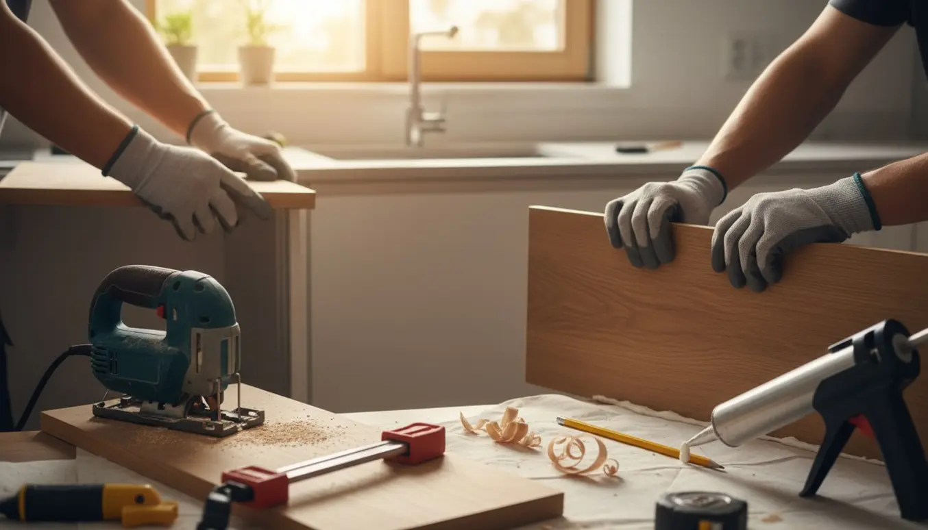 Hænder monterer og tilskærer en træfrontpanel i et moderne køkken med elsav og fugepistol.