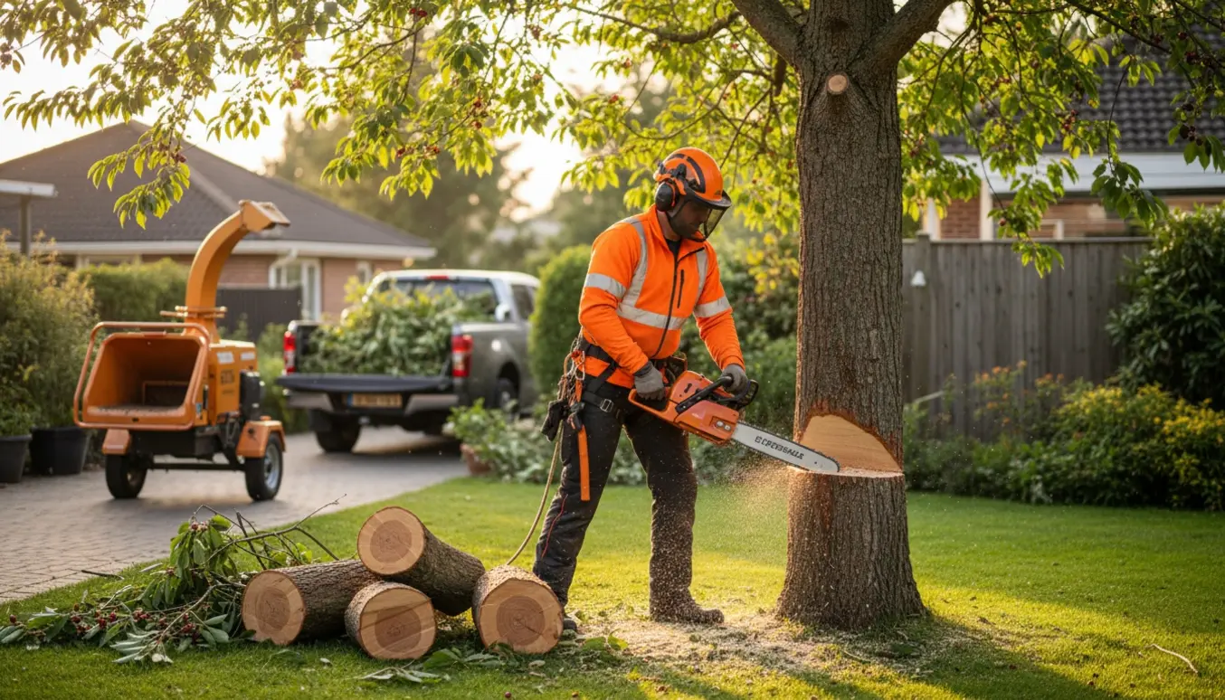 En arborist fælder et højt fuglekirsebærtræ i en have med motorsav, sikkerhedsudstyr og stammer lagt på jorden.