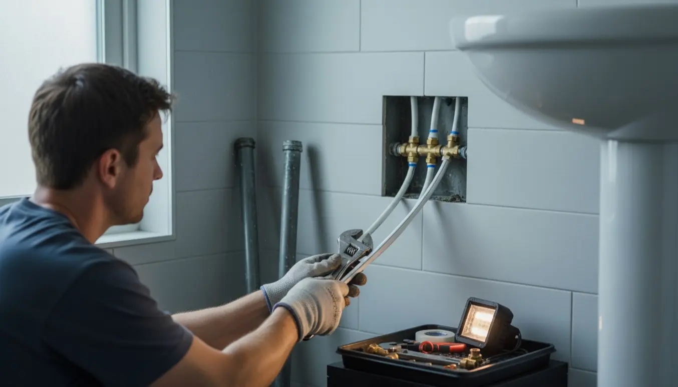 En håndværker skifter tykke metalrør ud med smalle PEX-vandrør i et lyst badeværelse uden synligt ansigt.