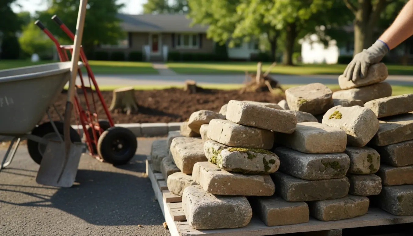 Stak af genbrugte brosten på en palle ved indkørsel med trillebør og skovl foran et nyrenset havebed.