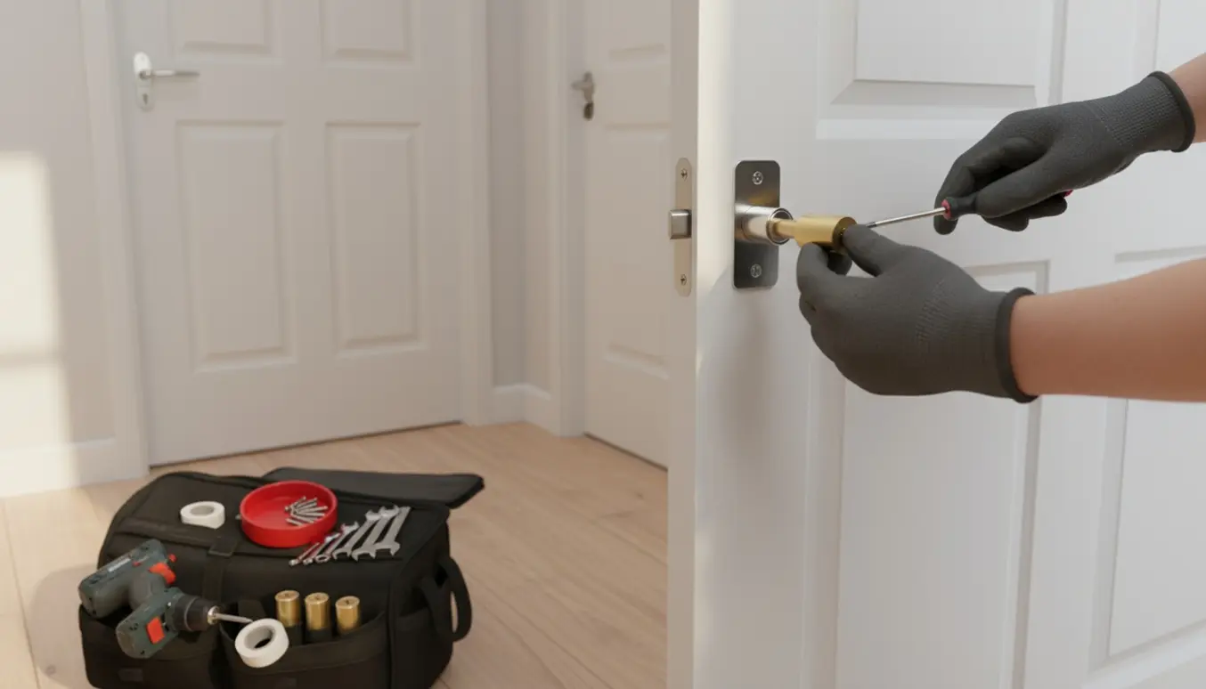 Nærbillede af hænder, der monterer en ny låsecylinder i en hvid indvendig dør med værktøj og to lignende døre i baggrunden.